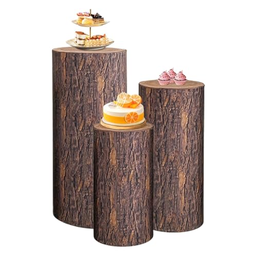 PAPABA 3 Pcs Party Cylinder Stand Covers,Spandex Pedestal Cover,Assorted Size Elastic,Tree Stump Cylinder Covers for Metal Cylinder Pedestal Stands Wedding,Only Contains Covers(Wood Color)