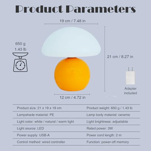 kvppvt Ceramic Mushroom Accent Lamp, Orange, USB Dimmable (3-Mode) — view 6