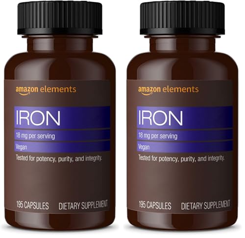 Image of Amazon Elements Iron 18mg Capsules, Supports Red Blood Cell Production, Vegan, 195 Count, 6 Month Supply (Packaging May Vary) (Pack of 2)