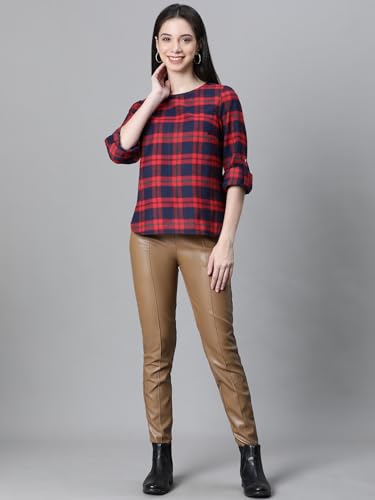 Image of oxolloxo Women Cotton Casual Tops | Regular Fit Checked Checked Round Neck |Regular Tops for Women |Navy Blue