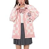 watacneer Women Japan Cute Cardigan Sweater Kawaii JK Uniform Knitted Outerwea Cartoon Cosplay Sweaters with Hairband and Bracelet Pink