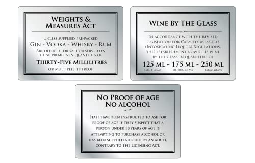 Weights & Measures Act 35ml Sign Wine by the Glass 125ml 175ml 250ml - Pack of 3 Signs, silver, 210 x 148 mm