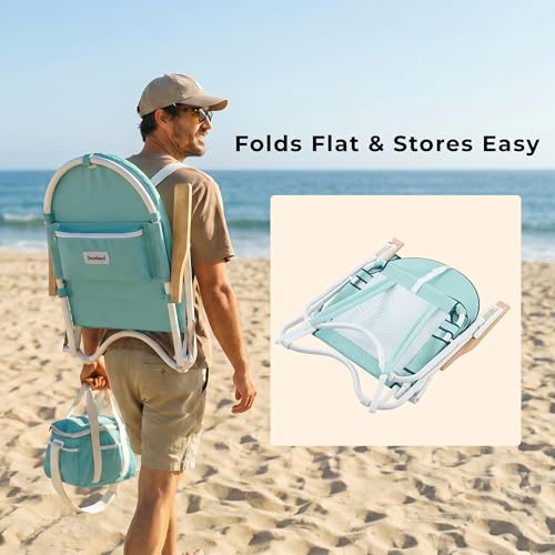 Image of Padded Low Beach Chair, 4-Position Folding Outdoor Chair with Wooden Armrests, Cushioned Seat, Storage Pouch & Carry Strap for Beach, Patio and Lawn, Harbour Cypress Green