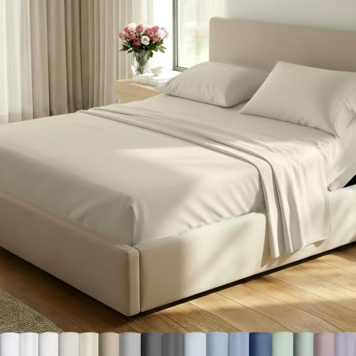 Image of California Design Den 500TC 100% Cotton Split King Size Sheets Set, Beige | Good Housekeeping Seal, OEKO-TEX Certified, Silky-Soft Sateen Weave, 5pc Set, 15 inch Deep Pockets, For Hot Sleepers, All-Season