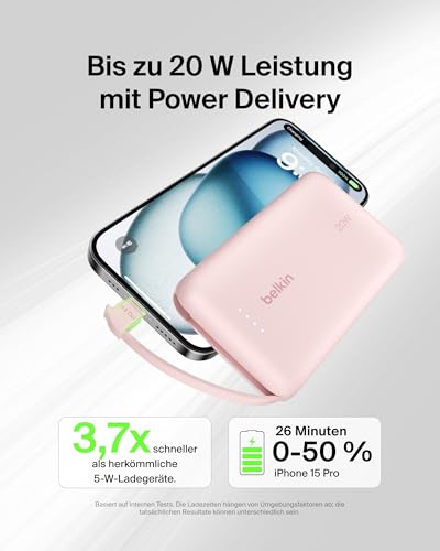 Belkin BoostCharge 10000mAh Power Bank, integriertes USB-C-Kabel – Rosa – Ansicht 2