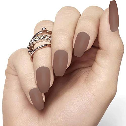 24 Pcs Fake Nails Matte Coffin Nails Light Brown Full Cover Ballerina Nail Art Medium False Gel Nails Tips Sets for Women Teens Girls (Light Brown)