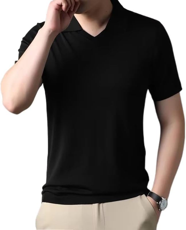 Men's Short-Sleeved Thin Sweater Lapel Casual Knitted T-Shirt