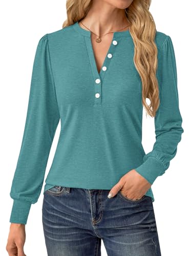 GKBK Women's Puff Long Sleeve Tunic V Neck Button Blouses Fall Tops Trendy Dressy Casual Business Henley Shirts Cyan XL — view 4