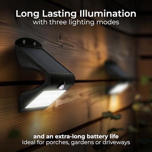 Luceco Solar Powered LED Outdoor Wall Light with PIR Motion Sensor, Security Light, Exterior Lighting, Curved Design, Adjustable, Guardian, Black, IP44, 3.2W,400lm, 4000K, LEXS40B40