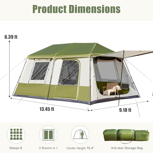 YOLENY Instant Cabin Tent, 4-8 Person Pop-Up Tent for Camping, Spacious Interior-14\' x 9\', 3000mm Water-Resistant with Rainfly, 2 Windows & 4 Doors, Green