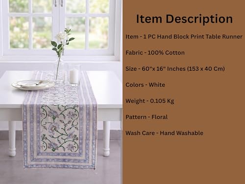 Image of Ravaiyaa - Attitude is everything Cotton Hand Block Printed Table Runner Bed Runner Table Decor (White Floral)