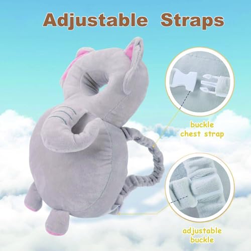 Image of Baby Head Protector Backpack, Toddler Baby Head Protection Backpack with Baby Knee Pads Alarm Function for Walking & Crawling, Soft, Breathable and Wearing Safety Baby Head Protector - Grey Elephant