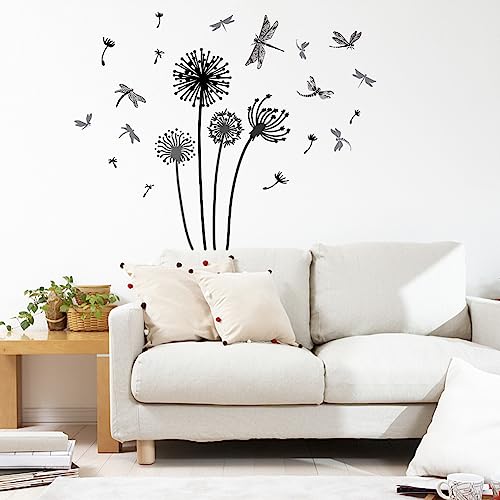 SUPERDANT Black Dandelion Dragonfly Wall Sticker Plants Insect Wall Sticker Removable Vinyl Home Decor Flowers Wall Art DIY Art PVC Wall Decal for Room Decor - Image 3