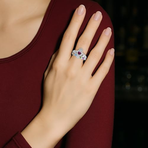 Personalized Heart Shaped Moissanite Halo Ring, 5 Birthstones 925 Sterling Silver Plated Simulated Diamond Ring with Royal Band Setting for Mom Engagement Wedding Birthday Mother's Day Gift3