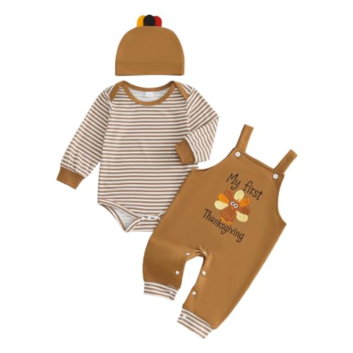 Ysfanwuxi My First Thanksgiving Baby Boy Outfit Romper Turkey Overall Set (Brown, 0-3 Months)