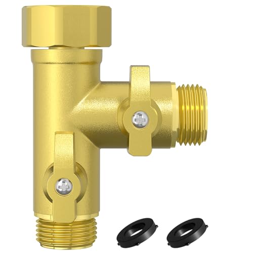 SANTONG High Flow Solid Metal 2 Way Type Garden Hose Splitter with Shut-Off Valves 360 Degree Rotation 3/4 Spigot Faucet Connectors with 2 Extra Silicone Washers(Golden)
