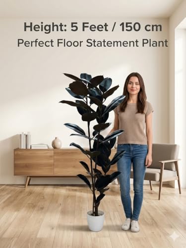 Image of Kayra Decor Artificial Rubber Plant 5ft - Lush Green Ficus Elastica Tree with White Pot | Realistic Indoor Rubber Tree for Living Room, Balcony & Office Decor