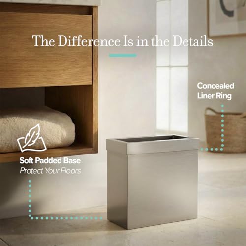 Image of Gatco Modern Rectangle Wastebasket, Satin Nickel - Stainless Steel Trash Can with Removable Lid, Leakproof, 3 Gallon Capacity for Bathroom, Bedroom, Kitchen, or Office