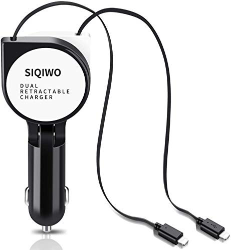 SIQIWO 36W Dual Retractable Quick Charge Car Charger, 45°Angle Rotation Mini Cigarette Lighter USB Adapter with 2.7FT Charging Cable, Compatible with Phone 11 Pro Max/11/Xr/Xs Max/X/8/7/6s Plus 5s SE2