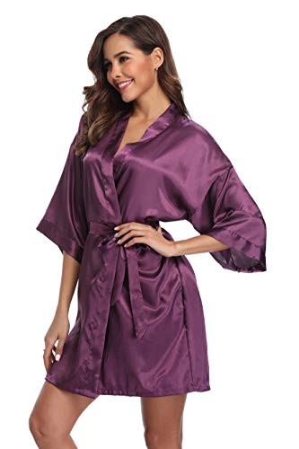iFigure Women's Short Kimono Robe Dressing Gown Silky Bridesmaid Robes Bathrobe, Deep Purple