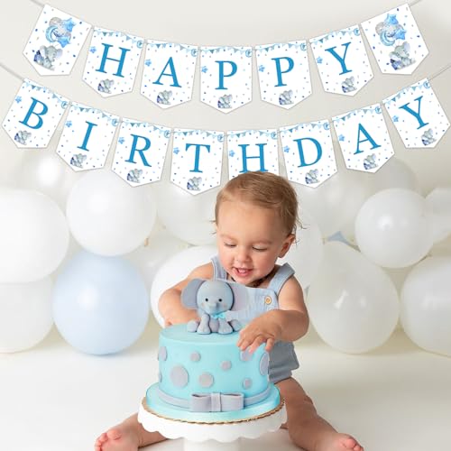 Bannière éléphant bleu d'anniversaire garçon pour décoration 1-3 ans