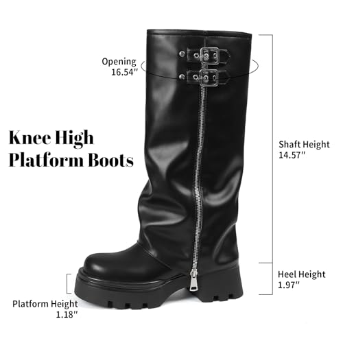 Lyrisiphy Knee High Boots for Women Foldover Wide Calf Pull on Cute Chunky Platform Riding Boots Fashion Long Tall Fall y2k Trendy Boots for Festival Concert Punk Rave4
