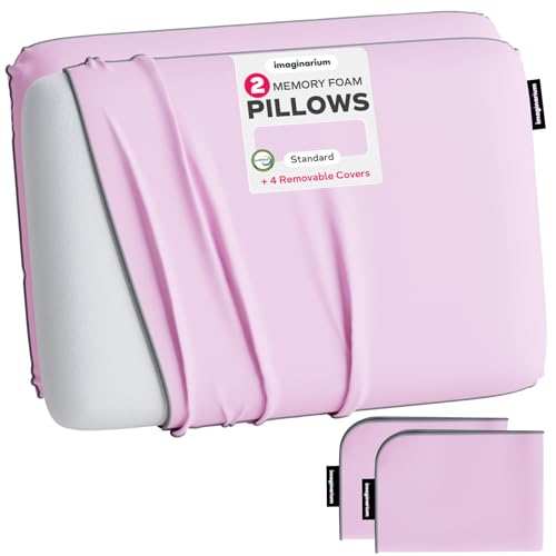 Imaginarium 2 Pack Memory Foam Pillows for Bed – 16' x 24' Standard – Fun Decorative Colorful Pillow for Sleeping – Back, Stomach & Side Sleepers – Includes 2 Extra Cooling Covers (Pale Pink)