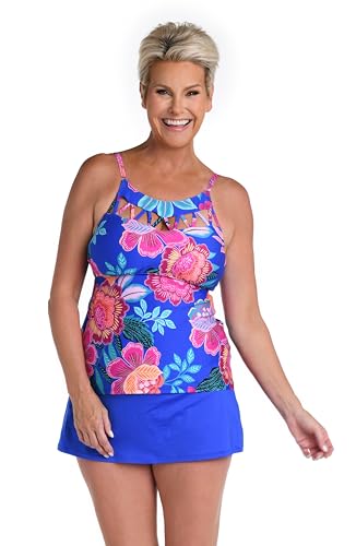 24th & Ocean Women's High Neck Tankini Swimsuit Top, Sapphire//Luminous Blossom, Large