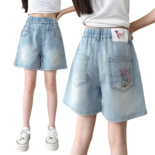 Pantalones Cortos Vaqueros para niñas con Bordados y diseños Florales. Conjunto Casual de Verano para niñas Mayores y Adolescentes. cómodo para Jugar