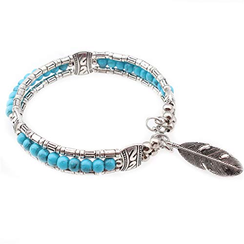 YAZILIND Ethnic Style Tibetan Silver Turquoise Beads Bracelet Bangle Feather Pendant Frienship Bracelets Christmas Jewelry Gift