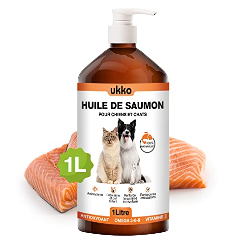 Ukko Huile de Saumon pour Chiens et Chats 100% Naturelle - Saumon pressé à Froid Riche en oméga 3-6-9 et Vitamine E - Distributeur Pratique de 1 Litre