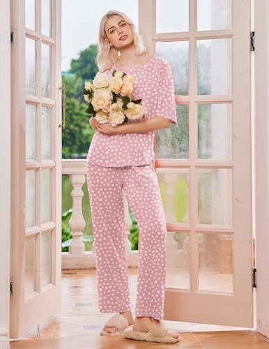 Image of Ekouaer 2 Pack Womens Pajamas Sets Short Sleeve Long Pants Pjs Lounge Set