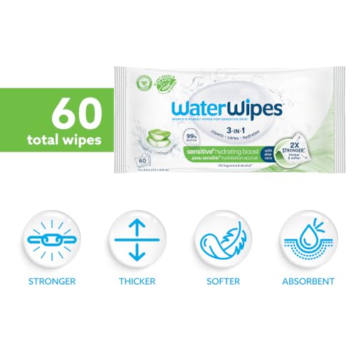 Image of WaterWipes Sensitive+ Hydrating Boost Wipes, 3-In-1 Cleans, Cares, Hydrates, 99% Water with Aloe Vera, Unscented & Hypoallergenic Baby Wipes, 60 Count (1 Pack)