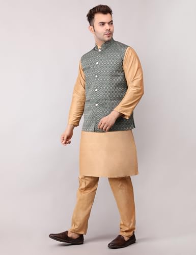 Image of Men's Cotton Silk Blend Regular Kurta Pyjama, Embroidered Nehru Jacket /Waistcoat Set