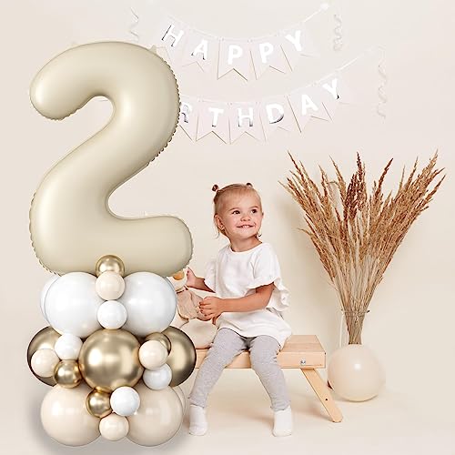 Image of 40 Inch Cream Number 2 Balloon for 2nd Birthday Decoration Beige White Sand Number Two Foil Balloon Tower Giant Large Nude Neutral Digit Helium Balloons Stack for Girls Second Anniversary Party