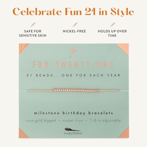 Lucky Feather 21st Birthday Gifts For Her | 21st Birthday Bracelet With 14k Dipped Beads Adjustable Cord Milestone Gift | Gifts For 21 Year Old Female | Birthday Gift Card For Girls | Trendy Gifts4