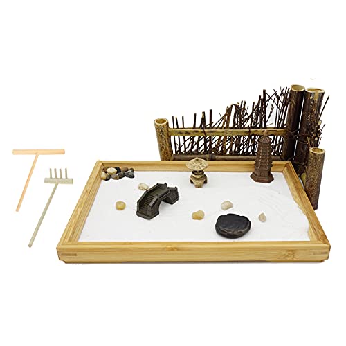 Japanese Zen Garden - Home & Office Desk Mini Garden with - 11.1x7.4 Inches Large - Bamboo Tray-Stone Tower, Stone lamp, Zen Stone- Meditation Gift Set for Relaxation-2 Rake Tools and Zen Accessories