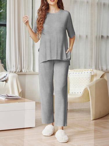 Image of Ekouaer Lounge Sets for Women Short Sleeve Tops and Long Pants Soft Comfy Pajamas Set 2 Piece Outfits