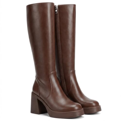 Image of Choiran Knee High Boots for Women - Platform Chunky Square Toe Tall Boots with Block Heeled Side Zipper, Fashion Long Gogo Boots for Spring Fall