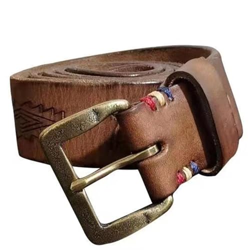 Vintage Engraved Retro Symbols Genuine Leather Distressed Belt, 3.8cm Wide Strap for Men Women Jeans and Everyday Wear(100cm/39, Brown)