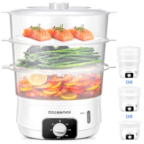 Cozeemax Electric Food Steamer for Cooking, 13.7QT Vegetable Steamer 800W with 3 Tiers BPA Free Dishwasher Safe Lids and Stackable Baskets, Auto Shut-off, Boil...