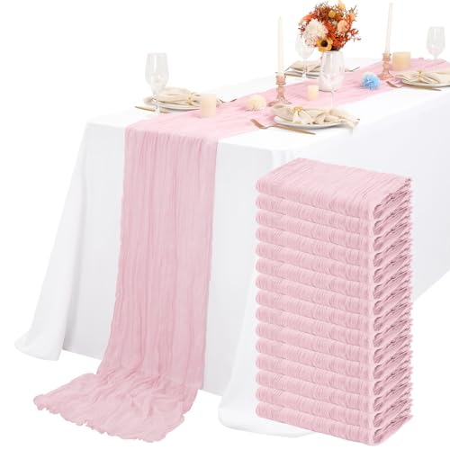 15 Packs Cheesecloth Table Runner Pink Semi-Sheer Table Runner 55x300cm, Light Pink Rustic Gauze Boho Table Runner, Wedding Table Decor Table Cloth for Bridal Shower Party Wedding Holiday