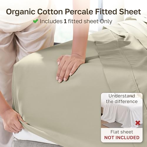 Image of California Design Den 100% Organic Cotton Full Bed Fitted Sheet, Soft Taupe | GOTS Certified, Crisp & Airy Percale, 15 inch Deep Pocket, All-around Elastic, No-Pop Fit, Durable, Easy Care, Backed by GH Seal