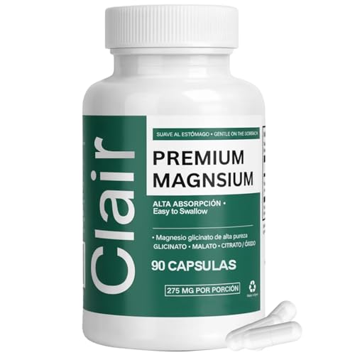 Clair Magnesio Premium with B6 D3 Zinc 4-in-1 Blend Gentle on Stomach Full Body Unwind Muscle Relaxation + Digestive Comfort + Sleep Aid. (Glycinate Malate Citrate Oxide) 90 Capsules
