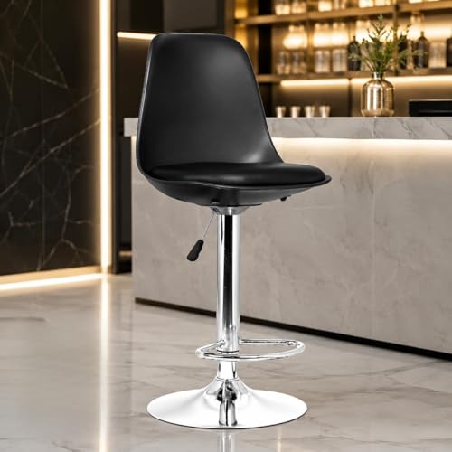 Image of Kemon KaiMeng Modern Adjustable Swivel Bar Stool Chair with Backrest, PU Leather Hydraulic Counter Stool with Footrest for Kitchen Island, Cafe & Home Bar, Black, Curved Shell Stool