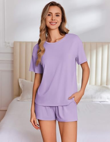 Image of Ekouaer Pajama Set for Women Viscose from Bamboo Short Sleeve Tops and Shorts Set 2 Piece Lounge Set