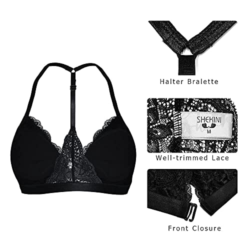 Shekini Women's Lace Bra Wireless Padded Triangle Bralettes For Women Front Closure Halter Bras For Women Black #TOP4
