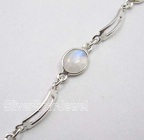 Image of Cabochon Rainbow Moonstone Link Bracelet 7.5 inch Solid Sterling Silver