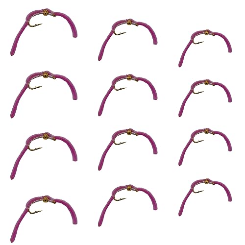 Feeder Creek 12pc Bead Head San Juan Worm Fly Fishing Flies, 3 Size Assortment Flies for Fly Fishing 10,12,14 (4 of Each Size), Trout and Bass Flies | Streamer Flies (Pink)