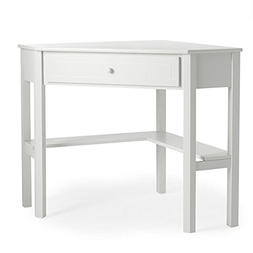 This Classically Styled Desk utilizes a Small Space for a Big Impact, with Stylish Under-Desk Shelving and a Drawer to Hide Clutter. Simple Living Wood Corner Computer Desk (1, Antique White) - Thumbnail 7